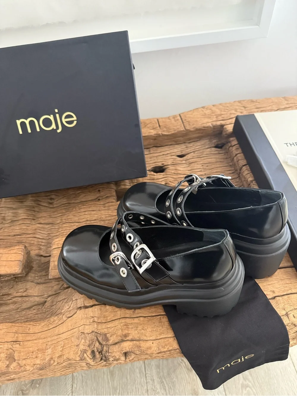 MAJE Women’s Black Platform Mary Jane Shoes with Buckle Straps